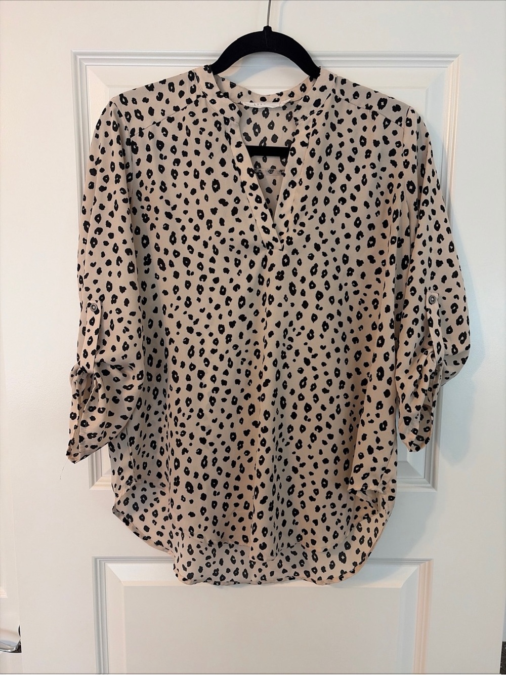 Lush Beige Animal Print Roll-Tab V-Neck Blouse